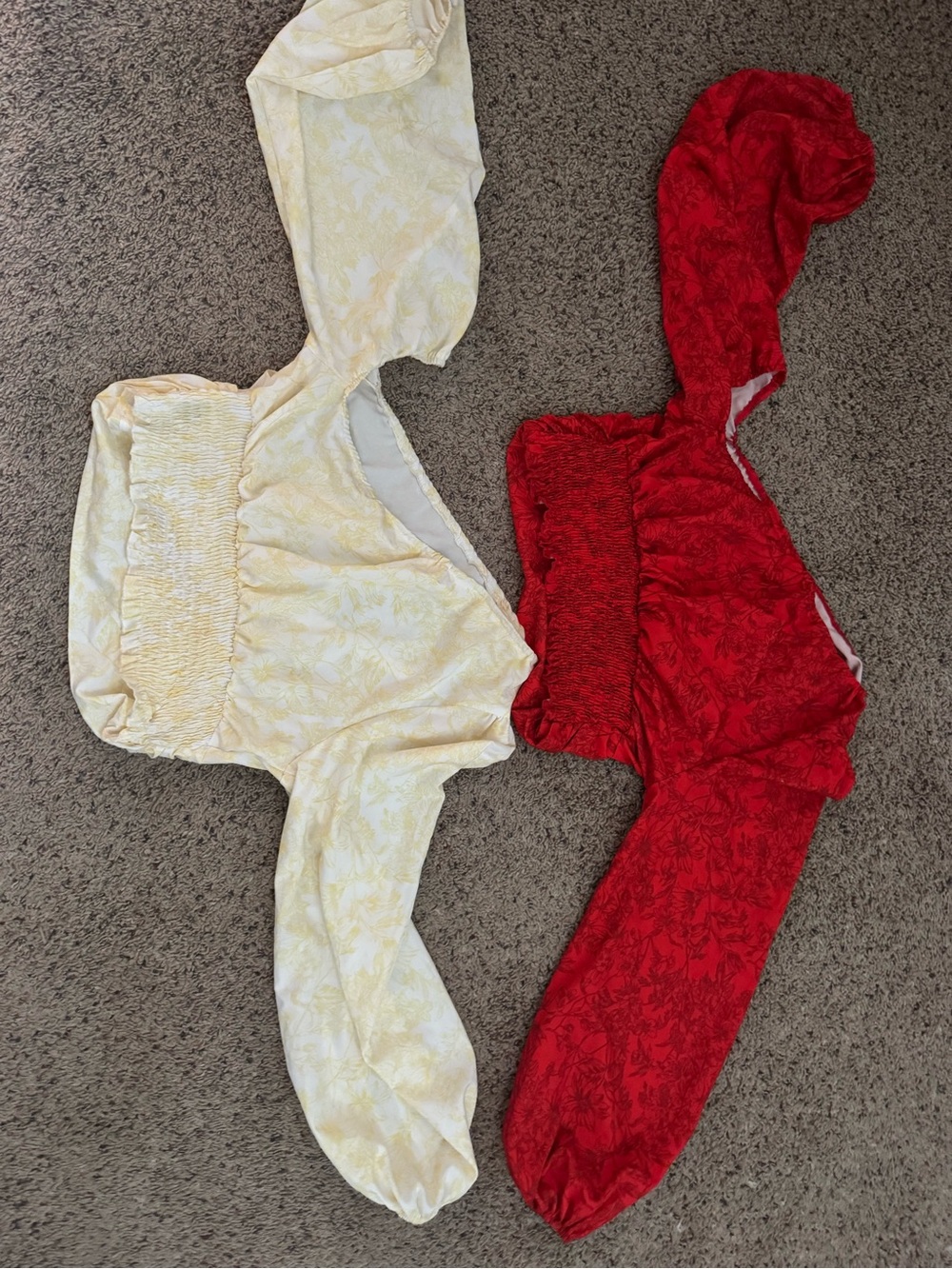SHEIN Cream and Red Floral Off-Shoulder Smocked Crop Tops